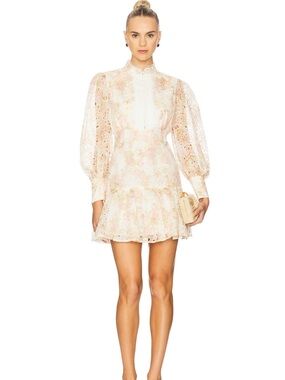 Bardot Floral Eyelet Lace Mini Dress in Cream and Pink